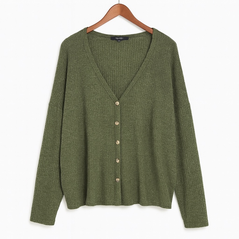 Forever 21 Olive Button-Up oversized waffle knit Cardigan - Picture 2 of 8